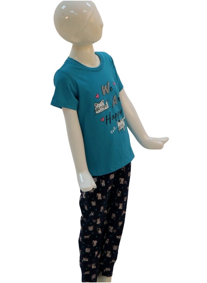 JOANNA - JOANNA Girl's We Are Happy Print Short Sleeve Shirt & Long Pants Pajama Set, Blue - Image 1
