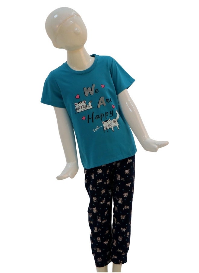 JOANNA - JOANNA Girl's We Are Happy Print Short Sleeve Shirt & Long Pants Pajama Set, Blue - Image 1