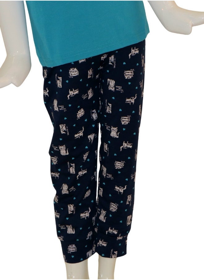 JOANNA - JOANNA Girl's We Are Happy Print Short Sleeve Shirt & Long Pants Pajama Set, Blue - Image 1