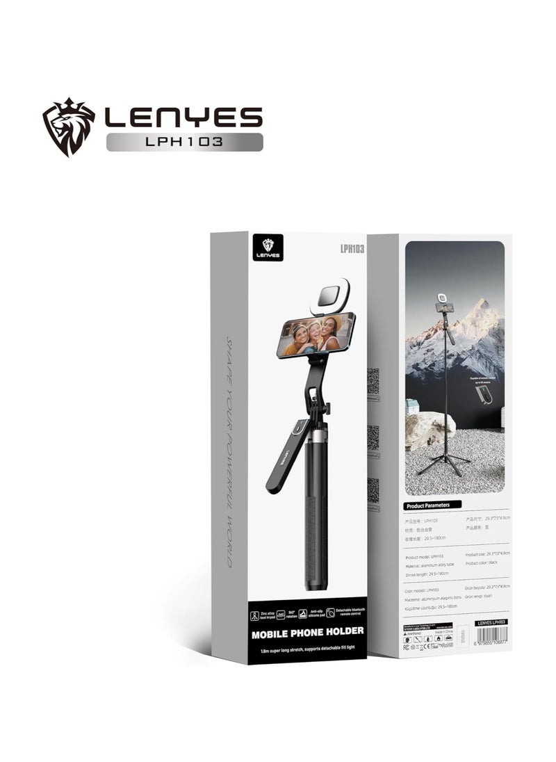 Lenyes - Lenise Quadruple Mobile Phone Holder LPH103: 1.8m Extendable Zinc Alloy, 360 Degree Rotation, Detachable Bluetooth Remote, Anti-Slip Pads, Fill Light Support - Image 1