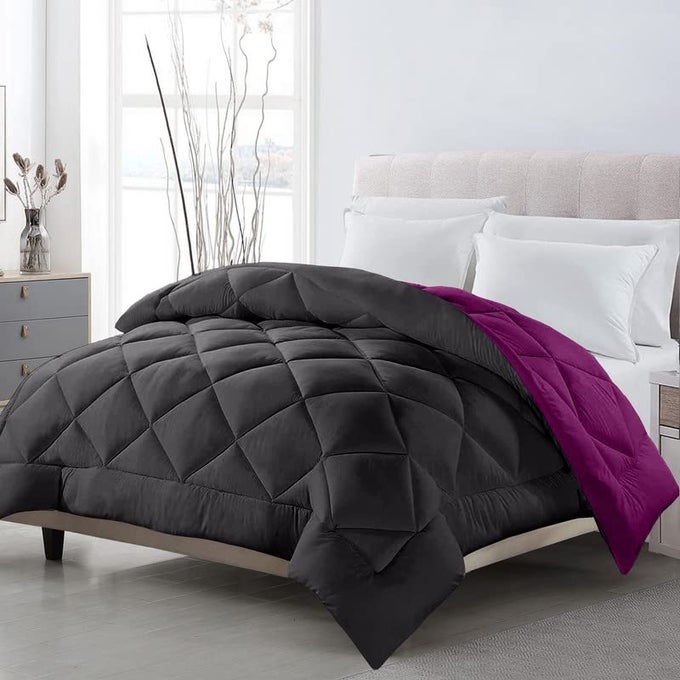 TUNDWALS MICROFIBER REVERSIBLE SOLID EXTRA COMFORT SOFT COMFORTERBLANKET DOUBLE BED 210 GSM QUILT GREY PURPLE 1 PIECE