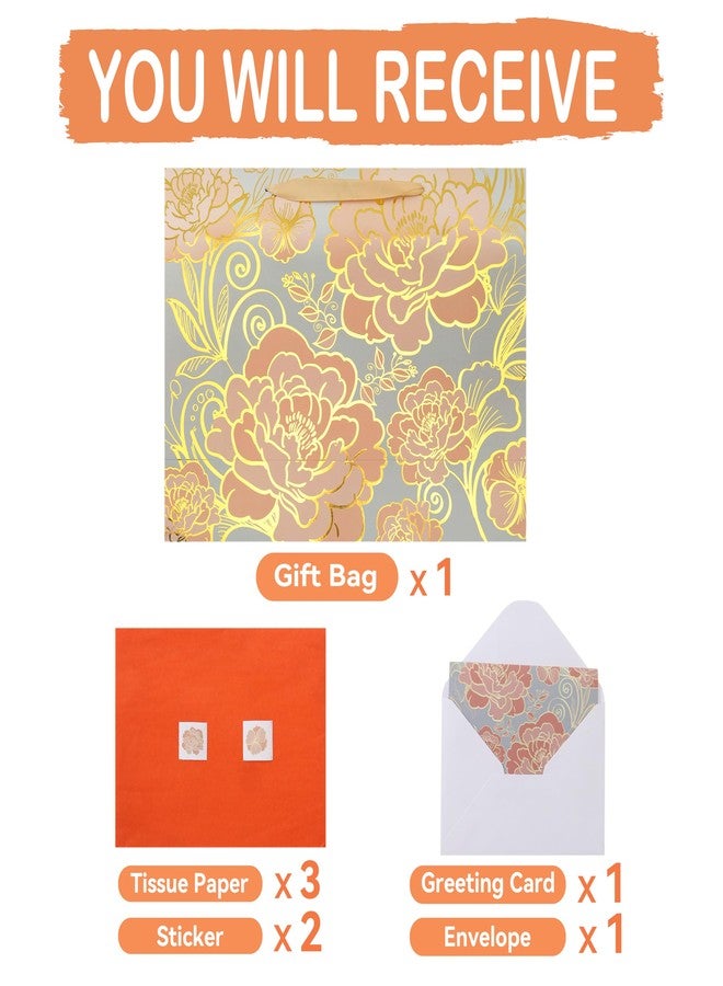 wishinside 16.5” Extra Large Rose Gold Gift Bag Set with Handles, Greeting Card, Tissue Papers and Stickers for Women Girls for Birthday, Wedding, Valentine's Day and Mother’s Day, Foil Traced Flowers Design, 1 - Image 3