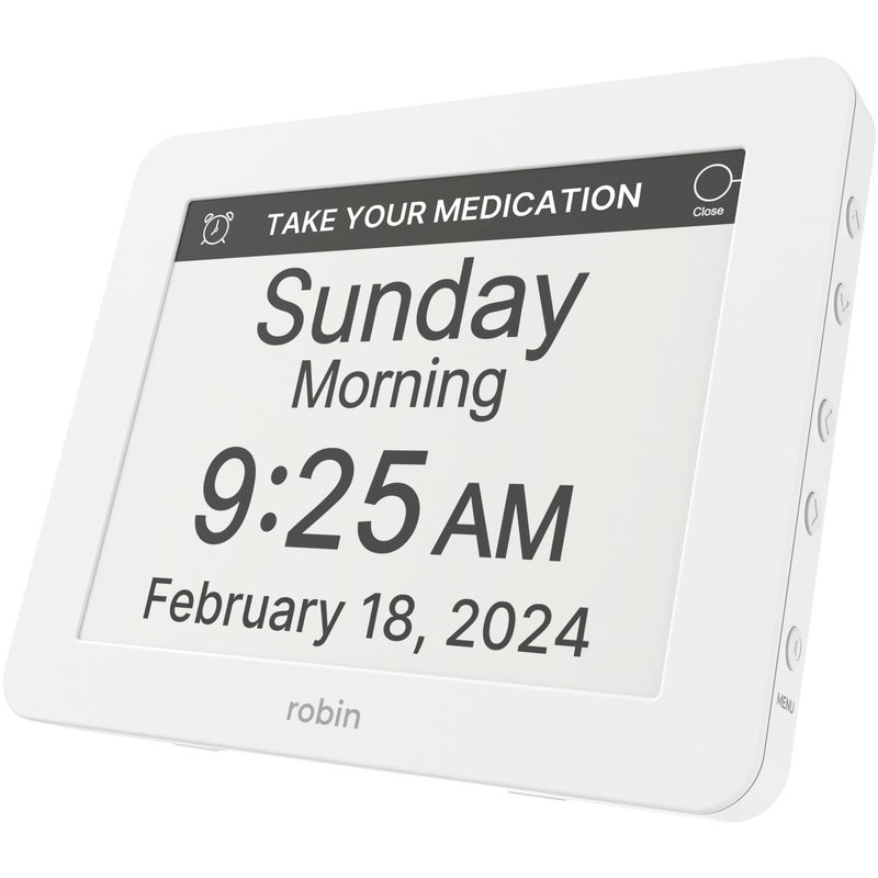 Robin Clock 2024 with Day and Date for Elderly Clocks for Seniors Dementia Clock Digital Calendar Clock Elderly Bedside Clocks Seniors Alzheimers Products Dementia Clocks Extra Large White