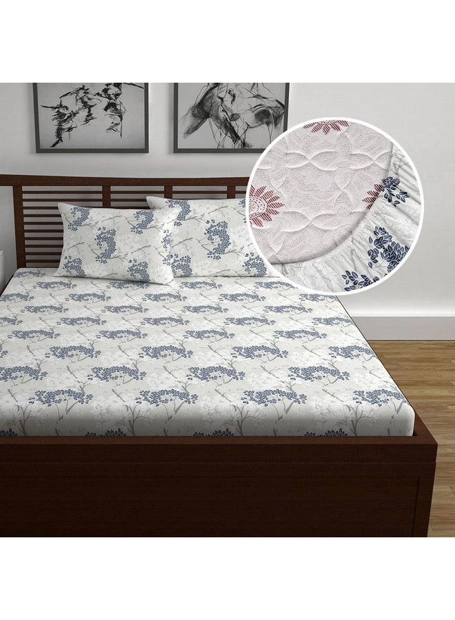 Divine Casa 144 TC 100% Cotton Floral Pattern Elastic Fitted Queen Size Bedsheet with 2 Pillow Covers | Cream & Brown Print, Ideal for Bedroom - Image 1