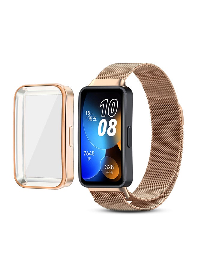 O Ozone Milanese Straps For Huawei Band 8 | Band 9 With TPU Watch Case, Magnetic Stainless Steel Mesh Replacement Strap for Women Men- Rose Gold - Image 1