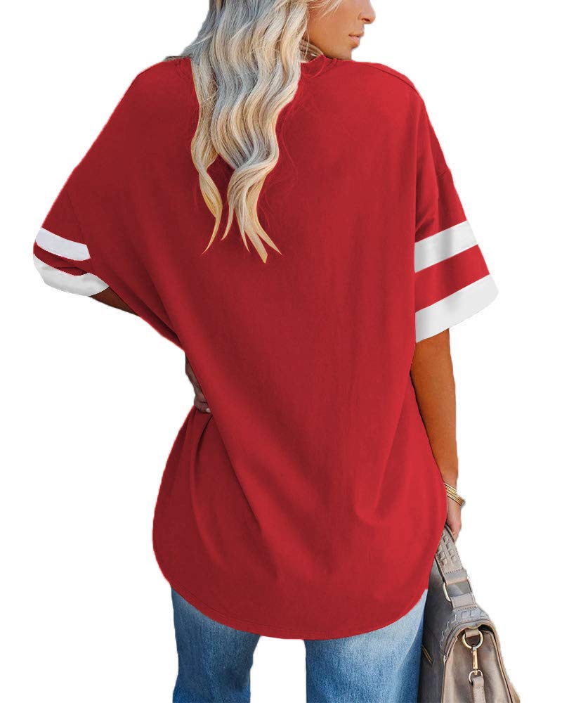 Fisoew Womens Oversized Tees Loose T Shirts Half Sleeve Crew Neck Color Block Cotton Tunic Tops Red - Image 2
