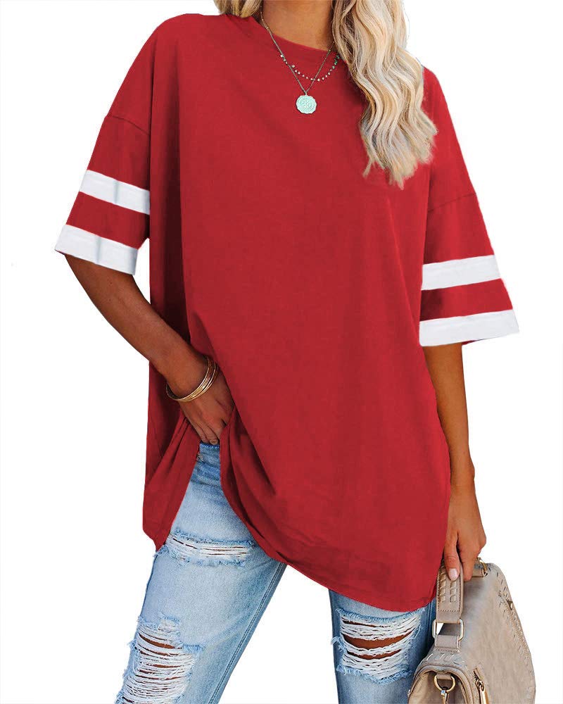 Fisoew Womens Oversized Tees Loose T Shirts Half Sleeve Crew Neck Color Block Cotton Tunic Tops Red - Image 3
