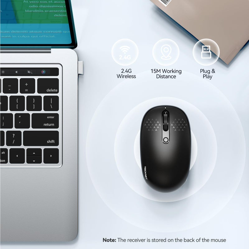 TECKNET Wireless Mouse, 2.4G Quiet Computer Mouse with USB Receiver, 4 Buttons Portable Cordless Mice for Chromebook, Laptop, PC, Mac, 800/1200/1600 DPI - Black - Image 4