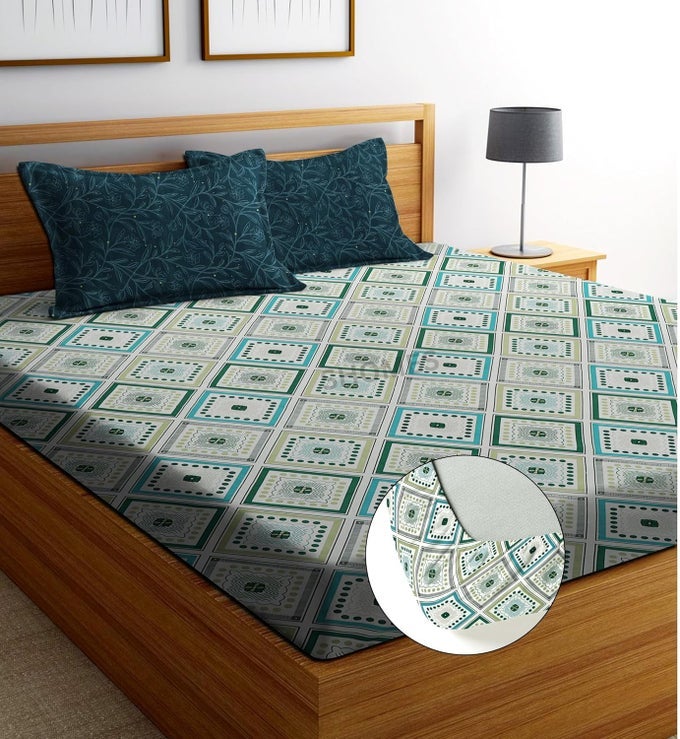 ELASTIC FITTED BEDSHEETS WITH 2 KING SIZE PILLOW COVERS DOUBLE BED WITH ALL AROUND ELASTIC SIZE 72 X 78 X 8 INCHES GREEN SQUARE 250 TC PRINTED