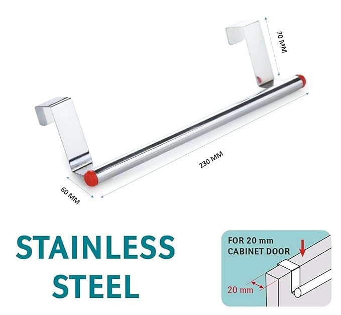 Ebbstone Over Cabinet Door Kitchen Towel Holder, Stainless Steel Towel Holder, Cabinet Hanger, Towel Bar (Length : 23 cm) (Silver-Red, Pack of 1) - Image 2