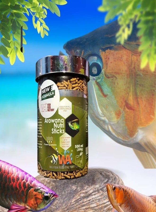 ARK AQUATICS أعواد أروانا المغذية من WA | 500 مل/200 جم | حبيبات عائمة | لون طبيعي معزز | سهولة الهضم وتغذية متوازنة | غذاء لجميع الأسماك اللاحمة | ARK Aquatics (عبوة واحدة (200 جم)) - Image 2