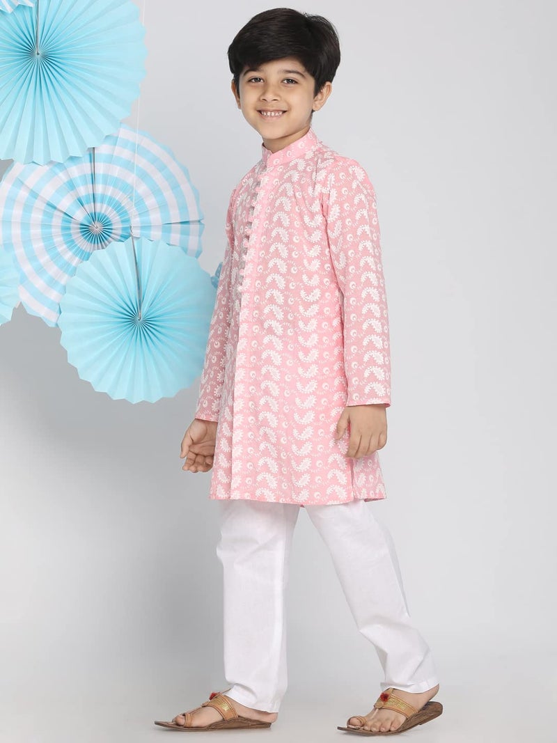 VASTRAMAY Boys' Pink And White Kurta Pyjama Set | Classic Ensemble Of Lukhnowi Chikankari Kurta With Pyjama for Navratri, Diwali & Festive Celebrations - Stylish and Comfortable Indian Outfit for Kids - Image 3