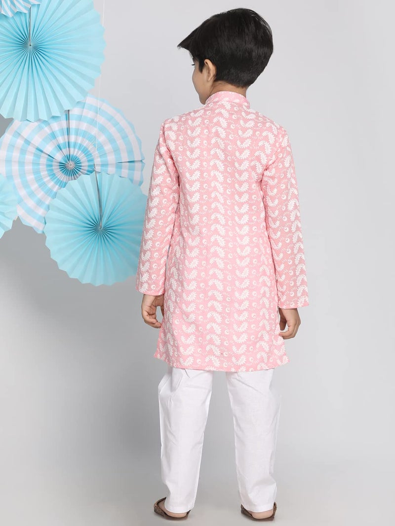 VASTRAMAY Boys' Pink And White Kurta Pyjama Set | Classic Ensemble Of Lukhnowi Chikankari Kurta With Pyjama for Navratri, Diwali & Festive Celebrations - Stylish and Comfortable Indian Outfit for Kids - Image 4