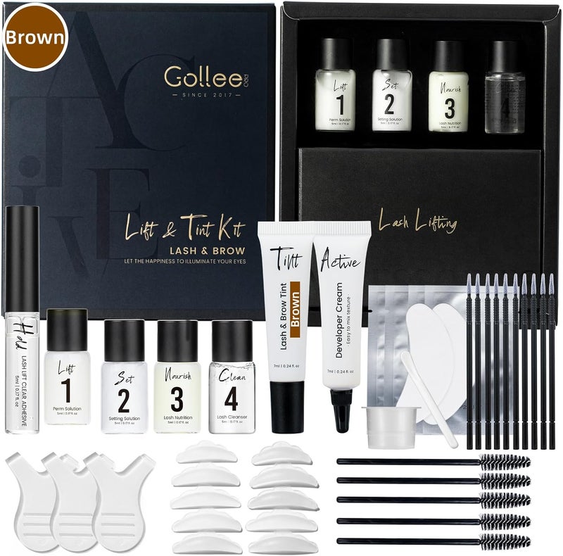 GOLLEE Lash Lift and Tint Kit Brown Brow Lamination and Tint Kit Instant Perming Lifting Tinting for Eyelashes Brown Color Dye LongLasting Salon Results At Home DIY Tools and Supplies