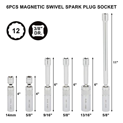Mayouko 6PCS 3/8" Drive Thin Wall Magnetic Swivel Spark Plug Socket, 12 Point, 1MM Thin Wall, 14MM, 9/16", 5/8", 13/16" - Image 2