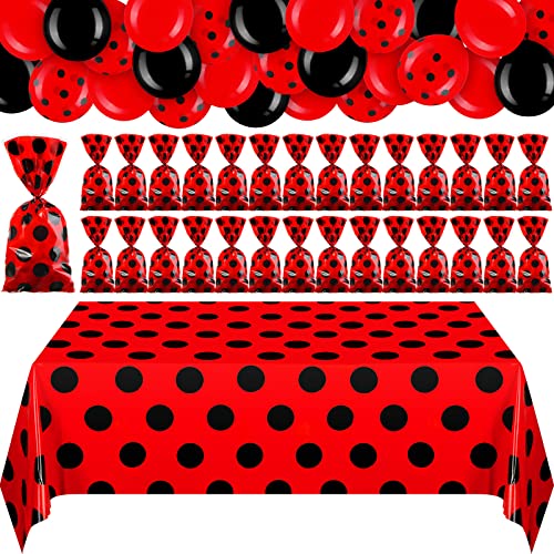 Sratte 73 Pcs Ladybug Birthday Party Decoration 54 x 108 Lady Bug Tablecloth 48 Red Candy Bags with Twist Ties 24 Latex Balloon for Themed Birthday Wedding Backdrop Supplies Red and Black - Image 1