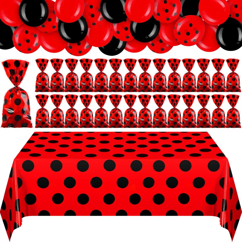 Sratte 73 Pcs Ladybug Birthday Party Decoration 54 x 108 Lady Bug Tablecloth 48 Red Candy Bags with Twist Ties 24 Latex Balloon for Themed Birthday Wedding Backdrop Supplies Red and Black - Image 3