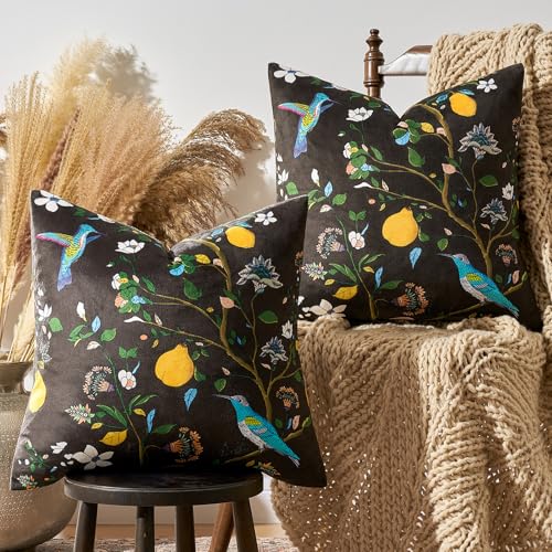 MUSSEL Brown Floral Pillow Covers 18x18 Set of 2, Velvet Wild Flower Plant Throw Pillows Case, Square Farmhouse Decor Cushion Covers for Home Sofa Bed Couch - Image 5