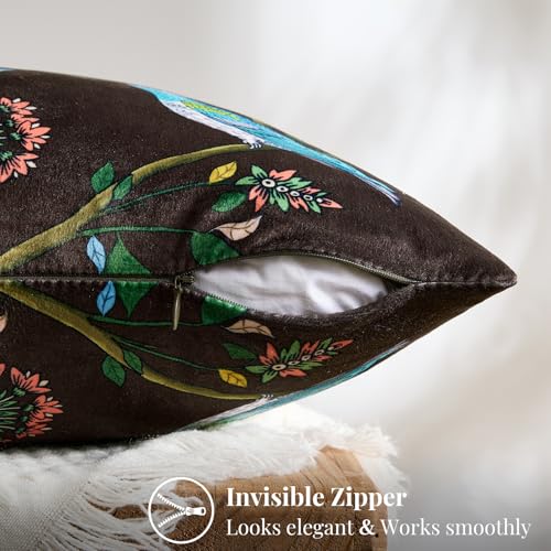 MUSSEL Brown Floral Pillow Covers 18x18 Set of 2, Velvet Wild Flower Plant Throw Pillows Case, Square Farmhouse Decor Cushion Covers for Home Sofa Bed Couch - Image 4