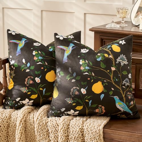 MUSSEL Brown Floral Pillow Covers 18x18 Set of 2, Velvet Wild Flower Plant Throw Pillows Case, Square Farmhouse Decor Cushion Covers for Home Sofa Bed Couch - Image 1