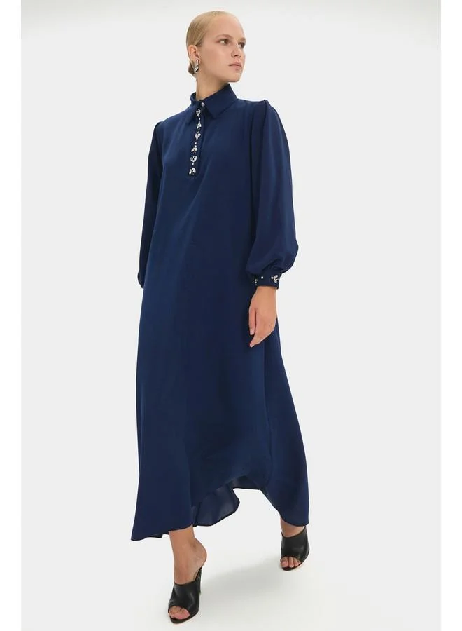 JUNE June Women Shirt Neck Balloon Sleeve Waist Tie Detail Maxi Dress Navy