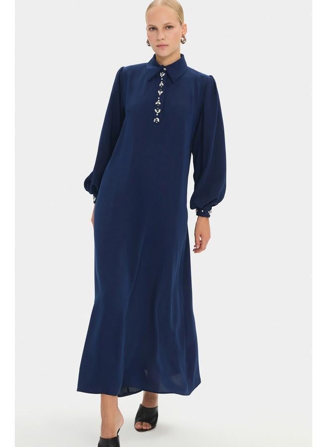 جون فستان ماكسي نسائي بأكمام بالون وربطة خصر من جوني - كحلي - Image 2