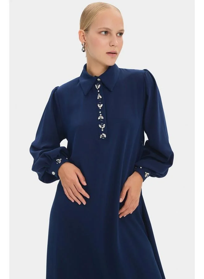 JUNE June Women Shirt Neck Balloon Sleeve Waist Tie Detail Maxi Dress Navy