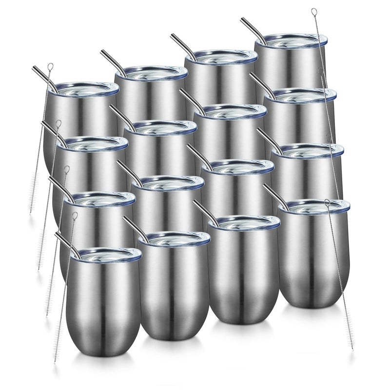 COMOOO 16 Pack 12oz Insulated Wine tumbler with Lid Stainless Steel Stemless Wine TumblerDouble Wall Vacuum Wine Tumbler Cups with Straw for Coffee CocktailsBeerChampaign Silver