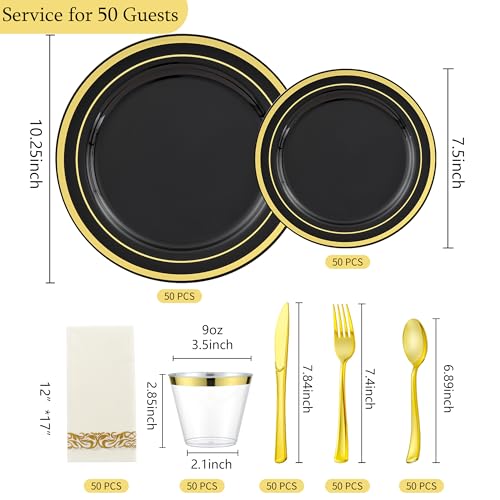 ISFANGCO 350pcs Black and Gold Dinnerware Set for 50 Guests, Graduation Plates, Black Plastic Plates with Gold Rim for Party -50 Dinne/Dessert Plates, 150 Silverware Set,50 Napkins and Cups - Image 3