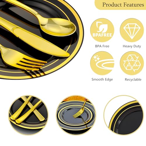ISFANGCO 350pcs Black and Gold Dinnerware Set for 50 Guests, Graduation Plates, Black Plastic Plates with Gold Rim for Party -50 Dinne/Dessert Plates, 150 Silverware Set,50 Napkins and Cups - Image 4