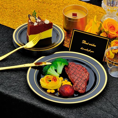 ISFANGCO 350pcs Black and Gold Dinnerware Set for 50 Guests, Graduation Plates, Black Plastic Plates with Gold Rim for Party -50 Dinne/Dessert Plates, 150 Silverware Set,50 Napkins and Cups - Image 2
