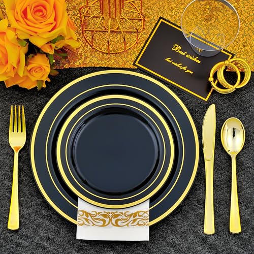 ISFANGCO 350pcs Black and Gold Dinnerware Set for 50 Guests, Graduation Plates, Black Plastic Plates with Gold Rim for Party -50 Dinne/Dessert Plates, 150 Silverware Set,50 Napkins and Cups - Image 5