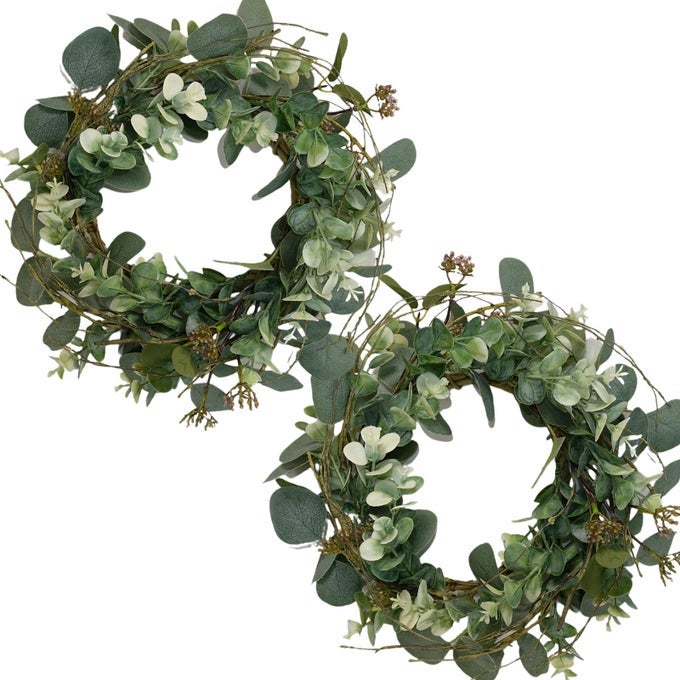 12 ARTIFICIAL GREEN LEAVES WREATH EUCALYPTUS ROUND WREATH FOR HOME DECORATION RUSTIC FARMHOUSE DECOR FOR FESTIVAL CELEBRATION FRONT DOOR 2 PACK
