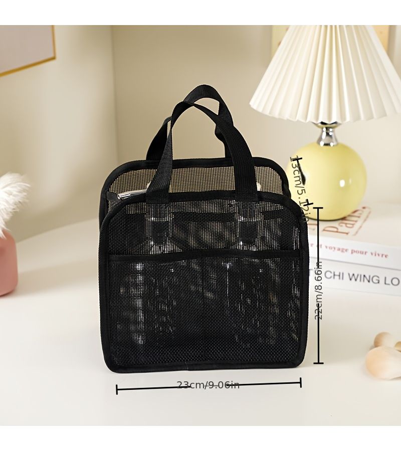 1 Piece Pink Mesh Tote Bag Cosmetic Organizer Travel Toiletry Wash Bag See Through Beach Swimming Storage Portable Lipstick Holder - Image 5