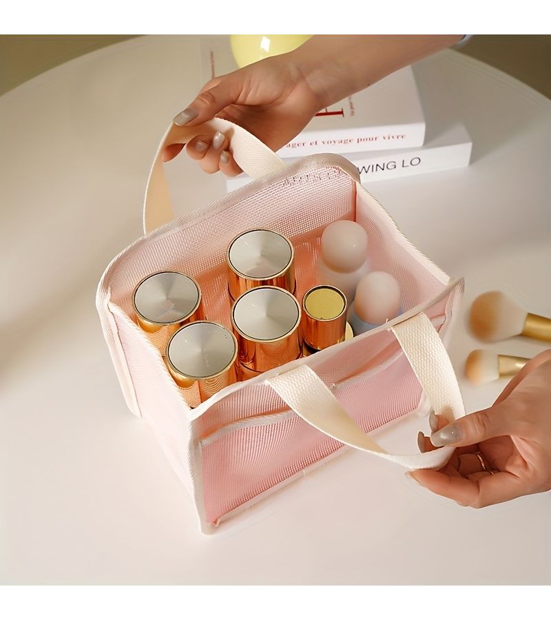 1 Piece Pink Mesh Tote Bag Cosmetic Organizer Travel Toiletry Wash Bag See Through Beach Swimming Storage Portable Lipstick Holder - Image 3