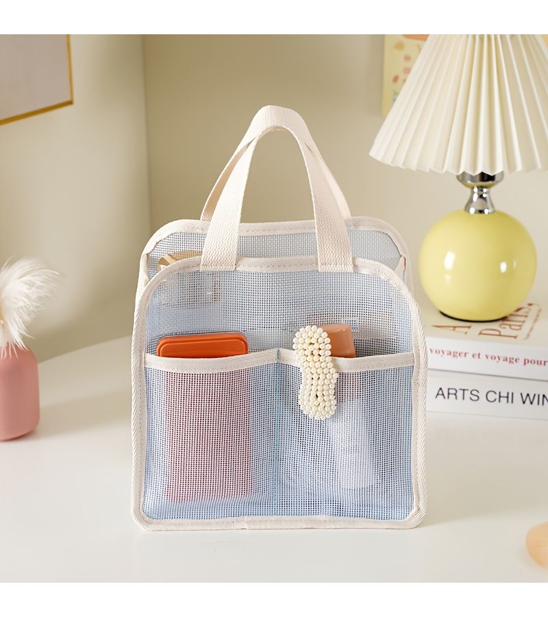 1 Piece Pink Mesh Tote Bag Cosmetic Organizer Travel Toiletry Wash Bag See Through Beach Swimming Storage Portable Lipstick Holder - Image 2