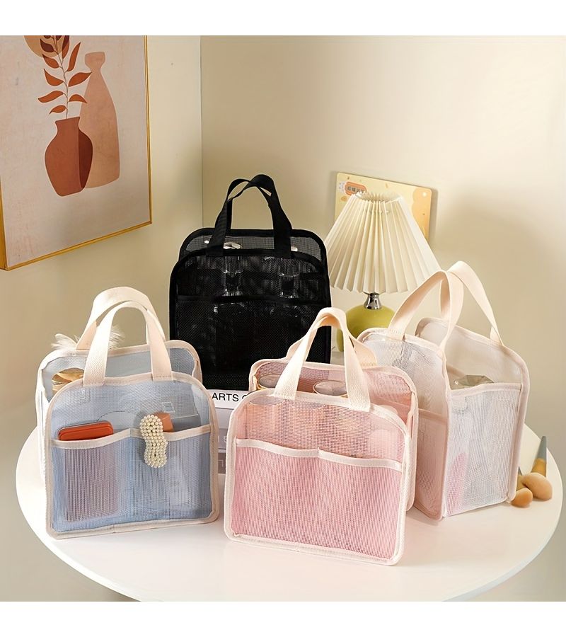 1 Piece Pink Mesh Tote Bag Cosmetic Organizer Travel Toiletry Wash Bag See Through Beach Swimming Storage Portable Lipstick Holder - Image 1