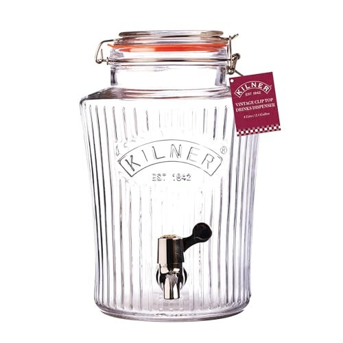 Kilner 5 Litre Vintage Glass Storage Jar with Dispensing Tap Embossed Logo and Ribbed Design Airtight Clip Top for Cocktails Infused Drinks and Parties