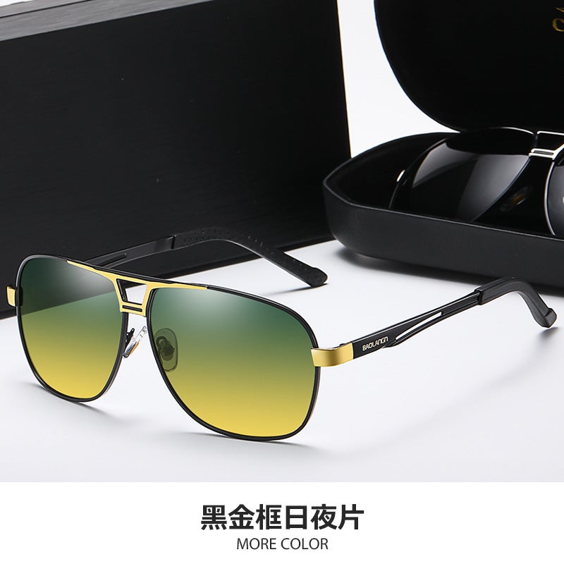 Generic Polarized Sunglass Mens Day Night Vision Black Gold Frame Day and Night Film 