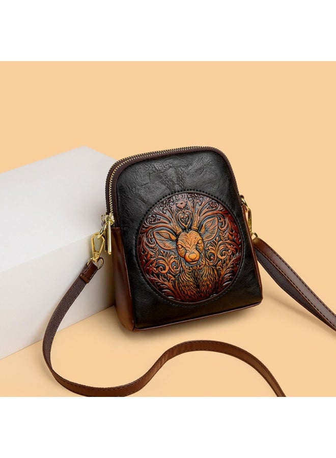Retro Casual PU Leather Crossbody Bag for Women - Embossed Deer Design, Two-Layer Zipper Phone Coin Purse - Image 1