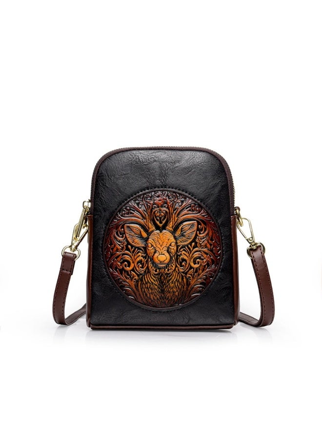 Retro Casual PU Leather Crossbody Bag for Women - Embossed Deer Design, Two-Layer Zipper Phone Coin Purse - Image 2