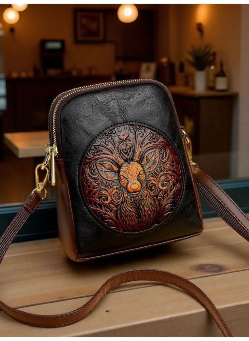 Retro Casual PU Leather Crossbody Bag for Women - Embossed Deer Design, Two-Layer Zipper Phone Coin Purse - Image 3