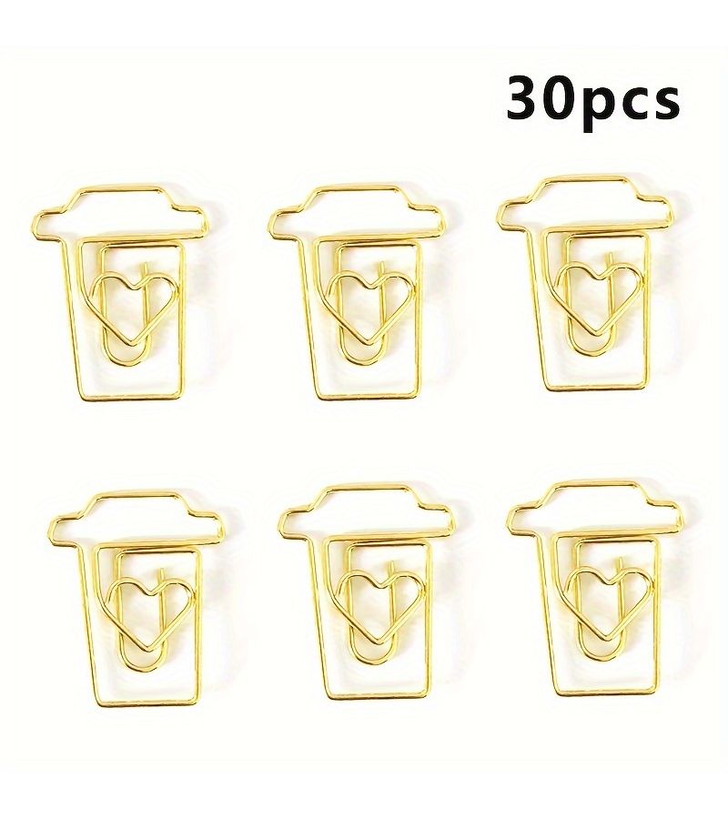 30 Golden Coffee Cup Shaped Paper Clips Durable Metal Unique Design Office Home Organization Memo Holders Document Organizers Multipurpose Bookmarks Perfect Stationery Gift - Image 1