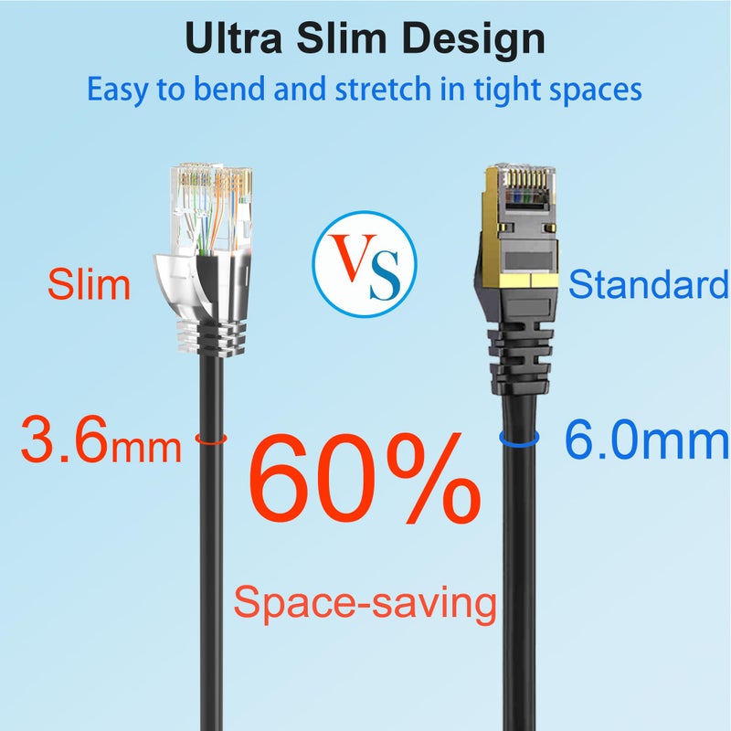 Xcftaud كابلات باتش Cat 6 من Xcftaud بطول 1 قدم (24 حزمة)، كابل إيثرنت Cat6a رفيع بسرعة 10Gbps وتردد 550Mhz، كابلات باتش نحاسية نقية Cat6، كابل باتش Cat6a رفيع ومرن لإعداد أجهزة الشبكة، أسود - Image 3