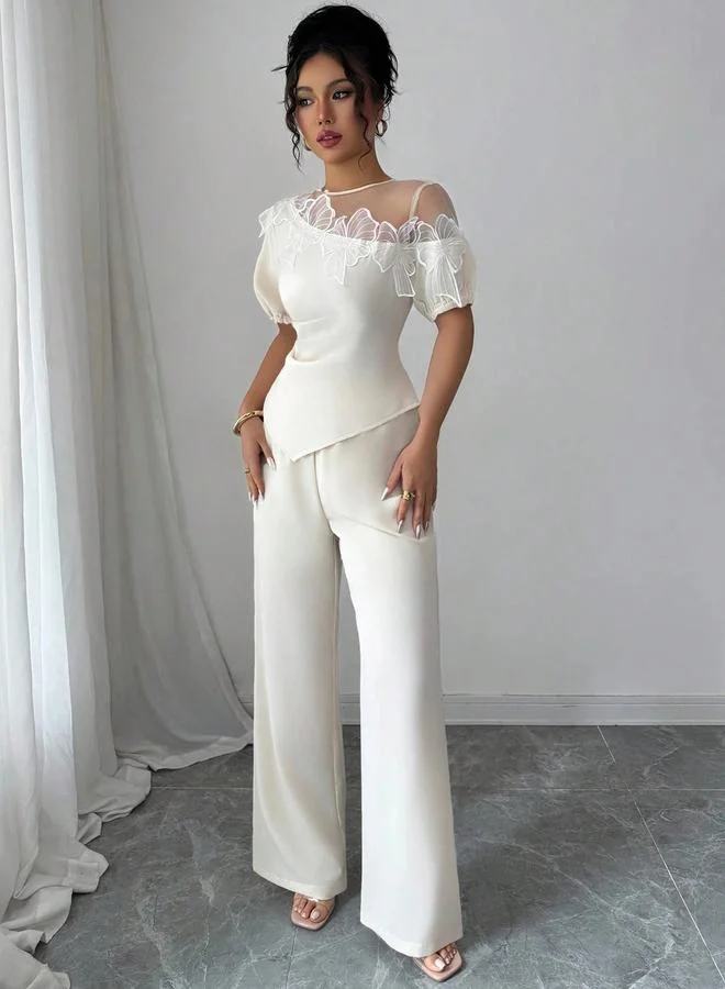 Take Two White Lace Insert Asymmetric Top and Pants Set