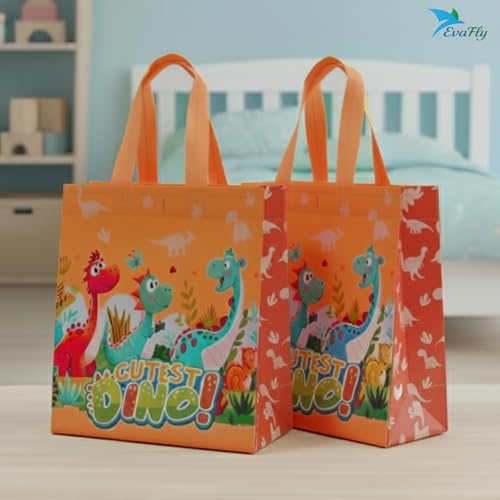 Evafly gift bags small size Pack of 12 – H25 x L23 x D10 cm | Reusable Non-Woven, Party Favours | Cartoon Dino Print for return gift bags for kids birthday, Mixed colors – Blue/Pink/Orange - Image 5