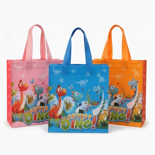 Evafly gift bags small size Pack of 12 – H25 x L23 x D10 cm | Reusable Non-Woven, Party Favours | Cartoon Dino Print for return gift bags for kids birthday, Mixed colors – Blue/Pink/Orange - Image 1