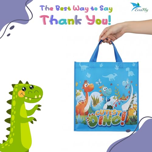 Evafly gift bags small size Pack of 12 – H25 x L23 x D10 cm | Reusable Non-Woven, Party Favours | Cartoon Dino Print for return gift bags for kids birthday, Mixed colors – Blue/Pink/Orange - Image 3