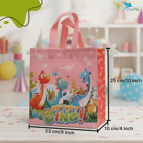 Evafly gift bags small size Pack of 12 – H25 x L23 x D10 cm | Reusable Non-Woven, Party Favours | Cartoon Dino Print for return gift bags for kids birthday, Mixed colors – Blue/Pink/Orange - Image 2