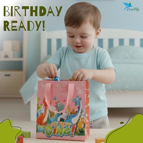 Evafly gift bags small size Pack of 12 – H25 x L23 x D10 cm | Reusable Non-Woven, Party Favours | Cartoon Dino Print for return gift bags for kids birthday, Mixed colors – Blue/Pink/Orange - Image 4